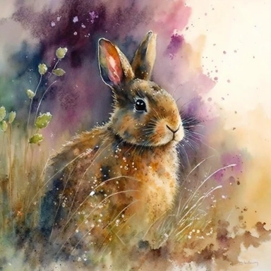 Develop a vibrant watercolor portrait of a rabbit, full of innocence and curiosity. The image should highlight the rabbit's sweet and gentle nature, making it a delightful piece of clipart. The medium should be watercolor, reminiscent of the expressive works of Dean Crouser. The style should be lively and dynamic, allowing the colors to narrate the story. The lighting should be subtle and even, maintaining the focus on the colors and the fluid quality of the brushwork. The color palette should e