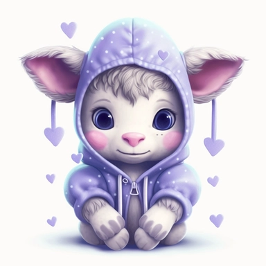 a shy baby cow in hoody Clipart, covered in hearts, Nursery summer Clipart, Easter Clipart, Crafting Digital Paper, purple and blue backlight Mother’s Day, white background