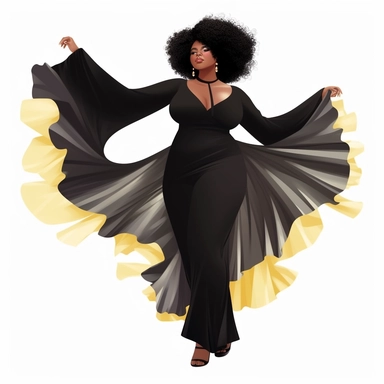 plus size black woman bods, full glam, fashionable icon, talented and good vibes, dressy pant and couture frilly flowy top, clipart, white background