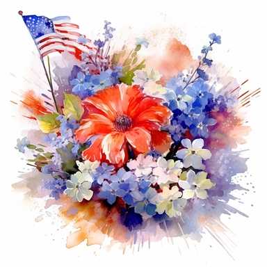 patriotic flowers clipart in the style of the american flag, in the style of willem haenraets, jane crowther, associated press photo, colorful explosions, detailed crosshatching, watercolor, lee bontecou