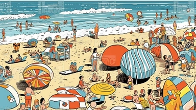 Clipart style, crowded beach scene, bright sunny day, children building sandcastles, colorful beach balls, striped beach umbrellas, adults sunbathing, seagulls flying overhead, hatching details on the waves, stipples on the sand, line art for people and objects