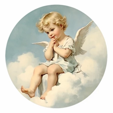 A painting of an angel sitting on a cloud.