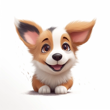 Corgi puppy, Closeup Portrait, Clipart, Digital art, kawaii, disney style, Pixar, hyperdetailed, 1080p, Ultra-HD, white background