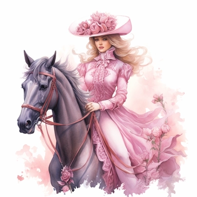 A Victorian lady in a pink riding habit, accompanied by her elegant horse with a pink saddle adorned with intricate floral patterns. The soft watercolor washes and fine details bring out the grace and beauty of Victorian equestrian fashion. Clipart, watercolor, white background, intricate detail