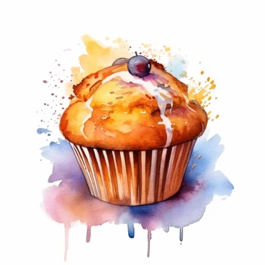 Muffin logo watercolor,simple Watercolor, hyper realistic, white background, white margins, 16k, ultra detailed clipart, cut out image, hand - drawn, whimsical manhwa style, ultra HD, sharp and clean art