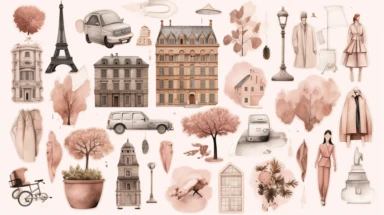 20 Digital stickers, sticker bundle, paris, city items, plain background, watercolor illustration, clipart, Beige, pink, grey, aesthetic, realistic, 8k,
