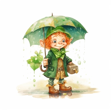 Cute Adorable magical little leprechaun holds laterally a umbrella in his hand wears a raincape and stand in the rain on a country road, clipart, photorealistic illustration, watercolor, high detail, 8k polished, 8k, vibrant colors, white background