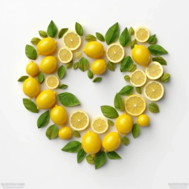 natural clipart, yellow heart made by frame of lemons, white background, yellow lemons in the left down and leaves, natural, realistic tone and sharp details