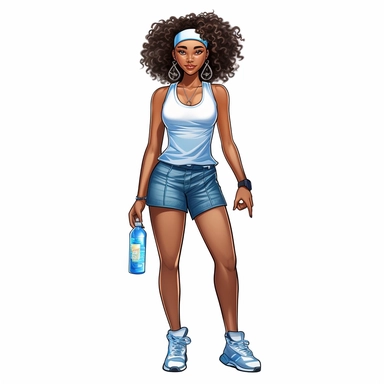 full body clipart black woman tank top and blue jean shorts big curly shiny afro with head band gold earrings hands on her hips white converse tennis shoes holding a water bottle