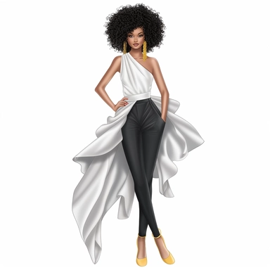 Create clipart featuring white background a full-body runway pose, of a beautiful, Anime black African-American girl confidently wearing stilettos, model wearing fashion designer clothes Trendsetting Styles: Designers often set fashion trends, introducing fresh and avant-garde styles that inspire and influence the industry. They showcase their creativity through unconventional cuts, experimental shapes, and unexpected combinations of colorful colors pop