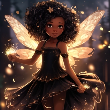 magical black little girl, fairy wings, clipart, disney style
