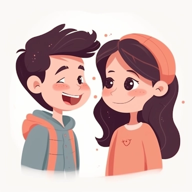 A laughing girl and a boy face each other, cartoon, cute, clipart style