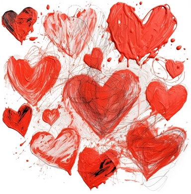 hearts clipart on white background, in the style of expressionistic mark-making, chalk, light red and crimson, michelangelo pistoletto, mr. doodle, powerful gestural mark-making