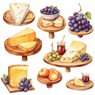 Watercolor cheese platter with wallnuts and grapes and raisins and figs nicely placed along with cheese on a very large wooden flat plate or cutting board, illustrations clipart set, simple, soft colors, cartoon elements, different variants, cheese from around the world, wooden elements, separate elements with a margin
