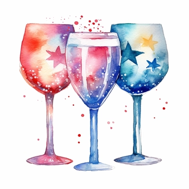 watercolor american patriotic set of three wine glasses clipart illustration, centred, vibrant colors, add fireworks, on a white background, no watermark, no logo, no writing