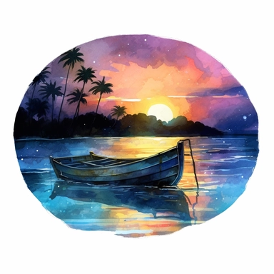 Nestled within a night holographic beach setting, a captivating scene unfolds, adorned with a charming boat gently floating upon the holographic water. Painted in the delightful strokes of a Watercolor Clipart style, this composition comes alive under the natural lighting, illuminating the vibrant and eye-popping colors. watercolor clipart. watercolor clipart. The beauty of this scene lies in its best view, allowing the viewer to fully appreciate the harmonious interplay between the holographic 
