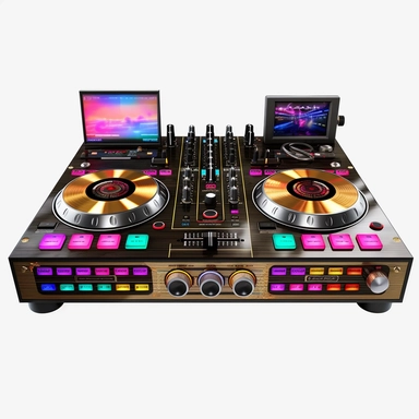 80s theme universal dj two deck controller, bold color, photorealistic, high-resolution photography, transparent background PNG clipart – ar 16:9
