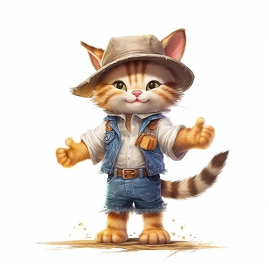 Adorable cute fantasy baby cat dressed like rune farmer standing in dynamic pose,front view,fullbody,sharp through out,happy expression, nursery art, clipart image, lineart image, white background, very detailed, 8k, composition wide shot