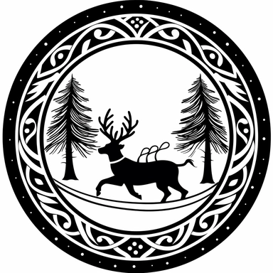 Left aligned, bottom aligned, quarter of a circle, art nouveau style, black lines, detailed, flat design, simple design, sleigh and reindeer, white background, clipart style, black and white,