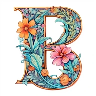 Detailed drawing in colored pencil style of letter J on white background, floral elements, pastel color palette, isolated white background, clipart, uhd