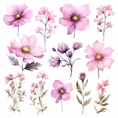 Ethereal watercolor clipart set featuring different pink flower species, portrayed from various angles, arranged in a composition that appears as if the flowers are gently swaying in a celestial breeze, a reminder of the interplay between the earthly and the divine, clipart on a white backdrop.