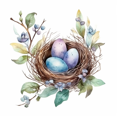handprinted Watercolor Bird Nests Clipart, flowers and leaves, 3 eggs on the nest