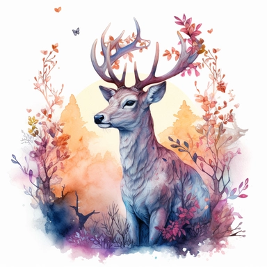watercolor, hyper realistic, white background, white margins, 16k, ultra detailed clipart, cut out image, hand-drawn illustration style for picture books A magical deer with antlers made of branches and leaves, standing in a bed of blue and purple flowers with a pink sunset sky in the background.
