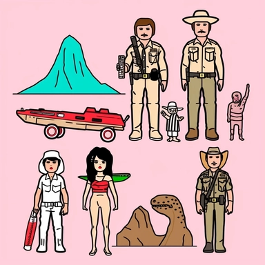 a set of black line clipart inspired by Wes Anderson and Raiders of the Lost Ark and travel and colonialism and David Chang and stolen cultural relics and cooking and eating and 1980s action figures