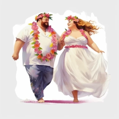 watercolor, Clip art of a beautiful 150 lb overweight bride and 250 lb overweight groom are happy and standing together, laughing, the bride is wearing a bright white dress and flowers in her hair, photorealistic, 3D, 4K