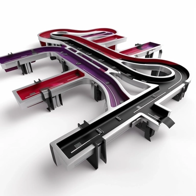 3d model of metallic highways, black+red+silver+purple, clipart, white background