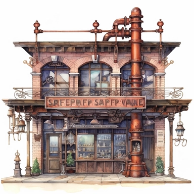Steampunk-inspired café storefront with copper pipework, aged metal walls, steam valves, and an authentic steam whistle adorning the entrance. This cafe tells a tale of a time when steam ruled the world. Hyper-realistic, watercolor Cafe Storefront Clipart, white background