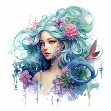 clipart watercolor isolated: Illustrate a magical underwater mermaid adorned in pastel hairdo and a long tail
