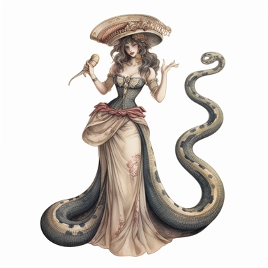 hand drawn vintage circus cobra that has a womans top half, glamorous, soft, detailed and realistic, watercolor, clipart style, white background with margins