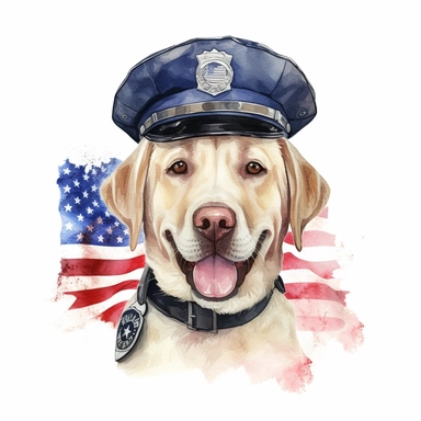 watercolor clipart, smiling happy Labrador Retriever, in style policeman, Police Badge, us flag collar, Police Uniform, police Hat or Cap, background american Flag, suitable for printing, hyper detailed, 300 dpi, 8k, high solution, no watermark