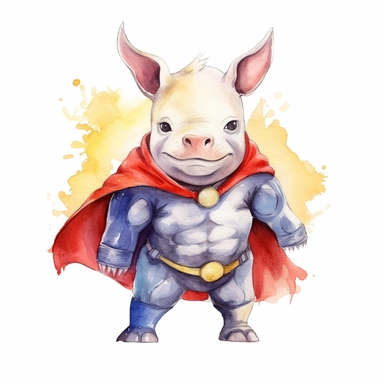 a courageous watercolor clipart image with a white background, featuring a cute cartoon rhinoceros superhero with a superhero suit