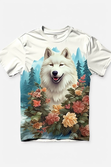white background, dog, 3d, super closeup, sticker, photorealistic, artwork of t shirt graphic of majestic forest, in digital painting style , beautiful flowers, sunset mountains and clouds , big vines, plants sorround, highly detailed clean, vector image, photorealistic masterpiece, professional photography, realistic, flat white background, isometric, vibrant vector, clipart, illustration, realism, 4k, , cinematic, front view, paradise, extremely white background