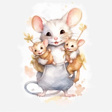 a mom mouse carrying a cute little baby mice on her arms, watercolor, clipart, hd, detailed