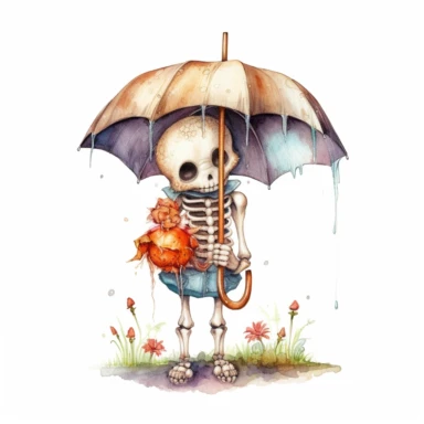 Cute Adorable magical little skeleton holds laterally a umbrella in his hand wears a raincape and stand in the rain on a country road, clipart, photorealistic illustration, watercolor, high detail, 8k polished, 8k, vibrant colors, white background