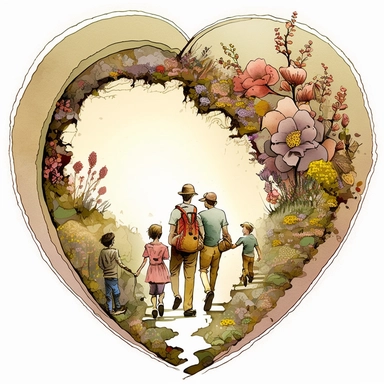 (perfect body figure) of a cute loving American family of 4, hiking into a magical CIRCUS (a perfect close-up single-point-perspective view from the back) with its own habitats (flowers and plants) made into a natural-heart-shape, vintage in watercolor st