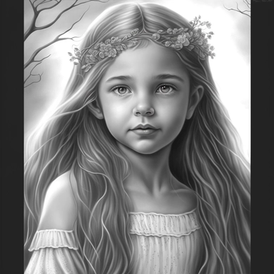boho little girl, princess aurora, portrait, pose, very detailed and realistic, centered, greyscale, clear image, withe background, clipart style