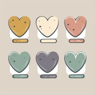 Six cute heart-shaped icons vector clipart in the style of lively brushstrokes, star art group (Xing Xing), label and marker style, minimalism, muted colors, white bakcground