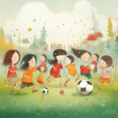 In the style of Ryo Takemasa, yuan loc yuan, Lisa Audit, Anastasia Suvorova, Jon Klassen, greg tochini, separated isolated single of Complex Epic ghibli, some children happily playing football on the football field, some cheerleaders cheering, colorful, magical, fantasy, vector, clipart, extra detailed, best quality, well composed, vibrant color tone, trending on artstat ion, elaborate, cinematic lighting, vibrant colors, high definition