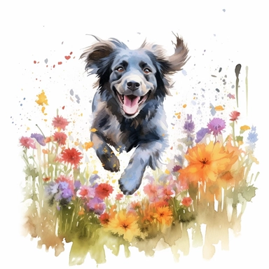 Fairytale Style beautiful happy dog running in flowers fields in the flowerland with watercolor effect,flowerland scene,flowers,fantasy style,realistic features,vibrant colors,suitable for digital clipart,white background