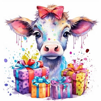please create watercolor clipart of a baby cow, smiling, wearing party clothes with birthday presents, vibrant colors, intricate details, isolated on white background, vivid colors, hdr, 8k