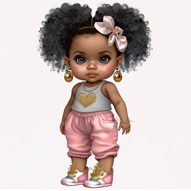 clipart, transparent background, 300dpi, baby diva girl standing, wearing baggy jeans, pink tank top, wearing really high gold high heels which are bigger than her feet, big pearl white necklace, curly hair, tied back, bow clip on hair, looking cute and chic