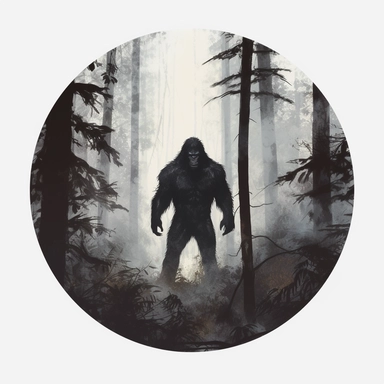 bigfoot in dark woods, painting circular clipart sticker, no mock-up, white background