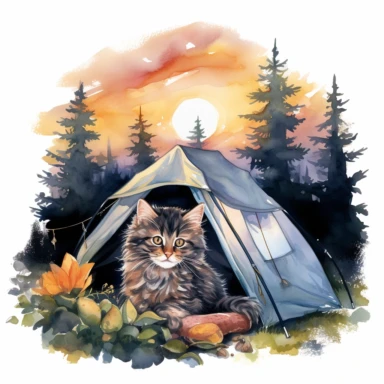 a cat camping. watercolor clipart, twilight