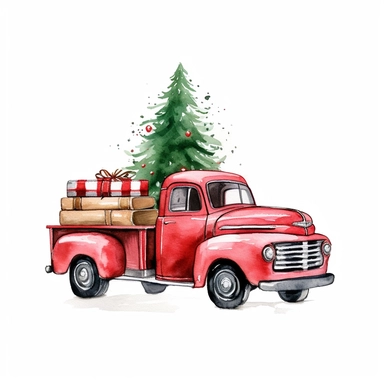 red christmas truck with chrristmas tree and presents clipart, white background
