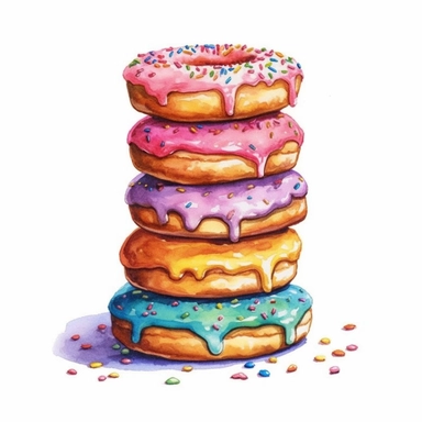 a beautiful detailed watercolor artwork of delicious stack of Glazed donuts, food art, clipart, clear border, hd, on white background,