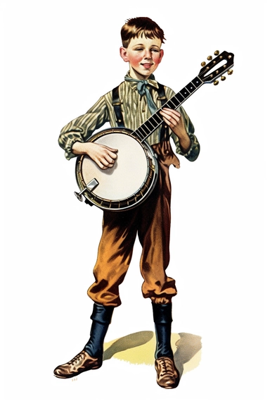 Vintage 1920 Full Body View of a Victorian Kid Playing Banjo Illustration, Chromolithograph, 1920s Illustration, Vintage, Chromolithograph, Colorful, Antique, Ephemera, Clipart, 8k, Isolated on white